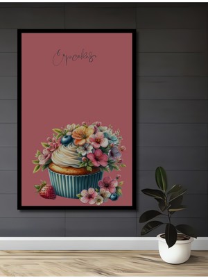 Teona Ahşap Çerçeve Görünümlü Çiçekli Cupcake Ahşap Mdf Dekoratif Ev Duvar Tablo Dikdörtgen Ev Duvar Tablo