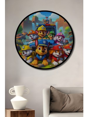 Teona Ahşap Çerçeve Görünümlü Paw Patrol Macera Ahşap Mdf Dekoratif Ev Duvar Tablo Yuvarlak Ev Duvar Tablo