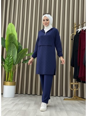 Mismoly Taş Detaylı Kapüşonlu Fermuarlı Ikili Tunik Takım