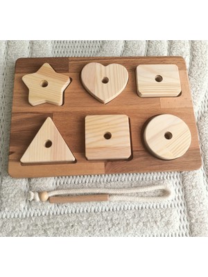 Moccotoys Montessori Tak Çıkar Geometrik Şekiller ve Ip Geçirme Ahşap Oyun Seti