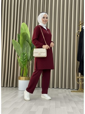 Mismoly Taş Detaylı Kapüşonlu Fermuarlı Ikili Tunik Takım