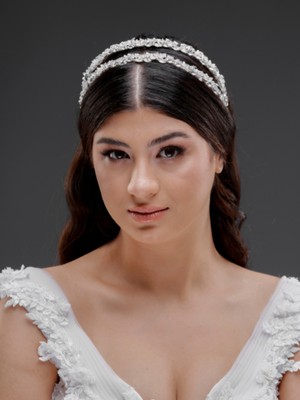 Magic Tiara Işıltılı Taş Detaylı Çift Sıra Şık Taç – Gelin, Nişan, Özel Gün ve Davet Saç Aksesuarı