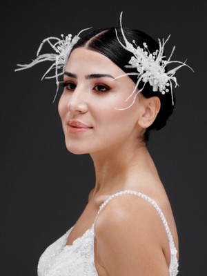 Magic Tiara Inci ve Tüy Detaylı Gelin, Nişan ve Özel Davet Saç Aksesuarı (2'li paket)