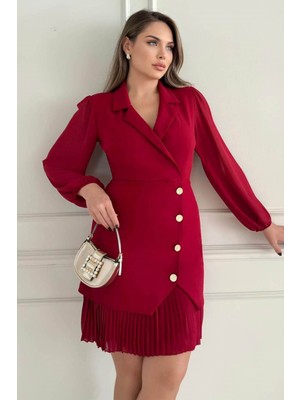 Zishan Fashion Kruvaze Blazer Şifon Uzun Kol Altın Düğmeli Plise Detaylı Midi Elbise (Kırmızı/siyah/kahve) 2665