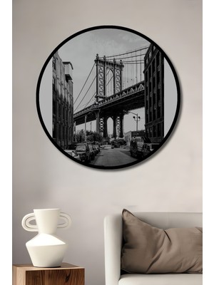 Teona Ahşap Çerçeve Görünümlü Manhattan Köprüsü Dekoratif Ahşap Mdf Ev Duvar Tablo Yuvarlak Ev Duvar Tablo