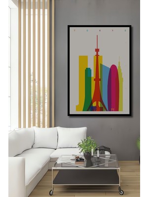 Teona Ahşap Çerçeve Görünümlü Tokyo Şehir Silueti Ahşap Mdf Dekoratif Ev Duvar Tablo Dikdörtgen Ev Duvar Tablo