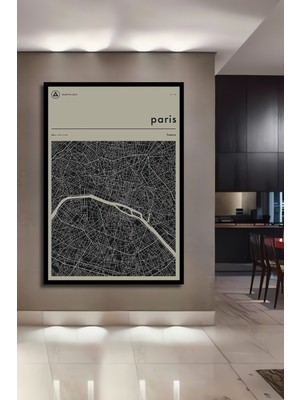 Teona Ahşap Çerçeve Görünümlü Paris Haritası Ahşap Mdf Dekoratif Ev Duvar Tablo Dikdörtgen Ev Duvar Tablo