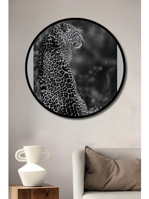 Teona Ahşap Çerçeve Görünümlü Gururlu Leopar Dekoratif Ahşap Mdf Ev Duvar Tablo Yuvarlak Ev Duvar Tablo