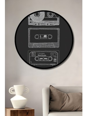 Teona Ahşap Çerçeve Görünümlü Retro Kaset Çizimli Dekoratif Ahşap Mdf Ev Duvar Tablo Yuvarlak Ev Duvar Tablo