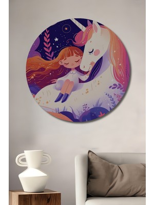 Teona Ahşap Unicorn ve Kız ile Masalsı Gece Dekoratif Ahşap Mdf Tablo Yuvarlak Tablo