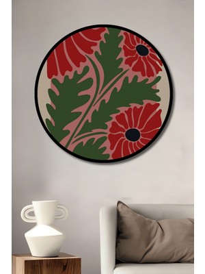 Teona Ahşap Çerçeve Görünümlü Kırmızı Gelincikler Dekoratif Ahşap Mdf Ev Duvar Tablo Yuvarlak Ev Duvar Tablo