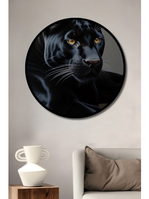 Teona Ahşap Çerçeve Görünümlü Kara Panter Asaletli Dekoratif Ahşap Mdf Ev Duvar Tablo Yuvarlak Ev Duvar Tablo