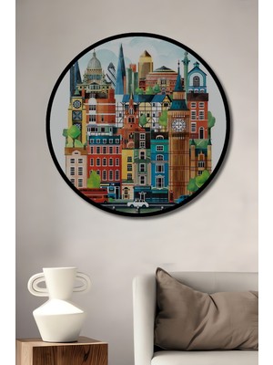 Teona Ahşap Çerçeve Görünümlü Londra Şehir Silueti Ahşap Mdf Dekoratif Ev Duvar Tablo Yuvarlak Ev Duvar Tablo