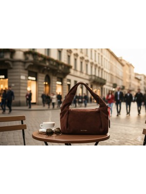 Kahve Renk Hakiki Süet Deri Çanta , Omuz Askılı El Çantası ve Omuz Çantası