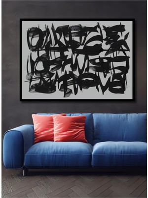 Teona Ahşap Çerçeve Görünümlü Soyut Sanat Siyah Fırça Vuruşları Dekoratif Ahşap Mdf Tablo Dikdörtgen Tablo