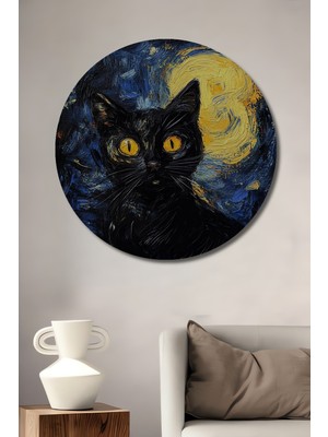 Teona Ahşap Van Gogh Tarzı Siyah Kedi Dekoratif Ahşap Mdf Ev/işyeri Duvar Tablo Yuvarlak Ev/işyeri Duvar Tablo