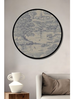 Teona Ahşap Çerçeve Görünümlü Kır Manzaralı Dekoratif Ahşap Mdf Ev Duvar Tablo Yuvarlak Ev Duvar Tablo