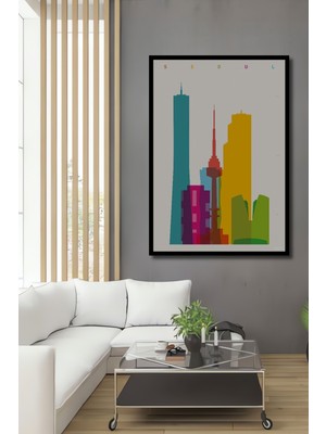 Teona Ahşap Çerçeve Görünümlü Seul Şehir Silueti Ahşap Mdf Dekoratif Ev Duvar Tablo Dikdörtgen Ev Duvar Tablo