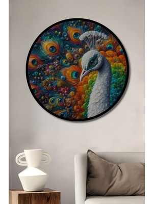 Teona Ahşap Çerçeve Görünümlü Renkli Tavuskuşu Ahşap Mdf Dekoratif Ev Duvar Tablo Yuvarlak Ev Duvar Tablo