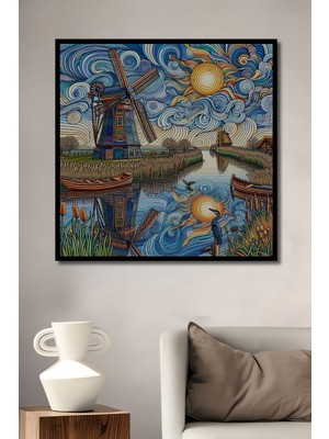 Teona Ahşap Çerçeve Görünümlü Rüzgar Değirmeni Manzaralı Dekoratif Ahşap Mdf Tablo Dikdörtgen Tablo