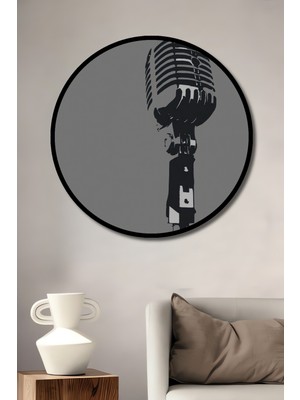 Teona Ahşap Çerçeve Görünümlü Vintage Mikrofon Dekoratif Ahşap Mdf Ev Duvar Tablo Yuvarlak Ev Duvar Tablo