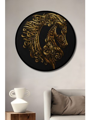 Teona Ahşap Çerçeve Görünümlü Altın Aslan Desenli Dekoratif Ahşap Mdf Ev Duvar Tablo Yuvarlak Ev Duvar Tablo