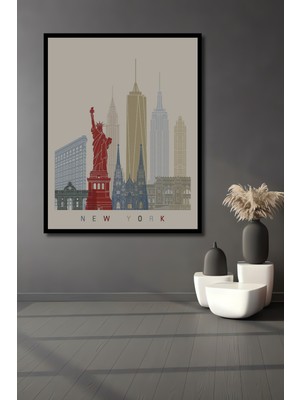 Teona Ahşap Çerçeve Görünümlü Özgürlük Heykeli New York Şehir Silüeti Ahşap Mdf Dekoratif Tablo Dikdörtgen Tablo
