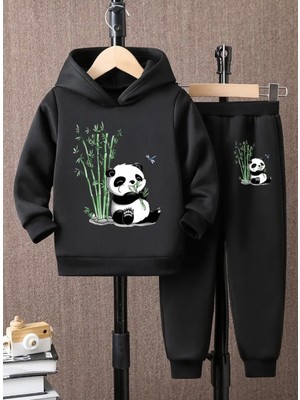 Kids Face Özel Tasarım Kapüşonlu Sevimli  Miskin Panda Baskılı %100 Pamuk Kışlık Erkek Çocuk Eşofman Takımı