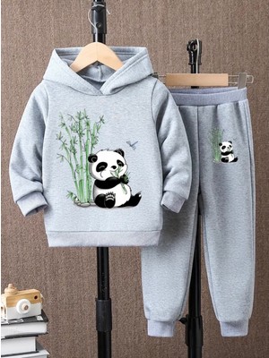 Kids Face Özel Tasarım Kapüşonlu Sevimli  Miskin Panda Baskılı %100 Pamuk Kışlık Erkek Çocuk Eşofman Takımı