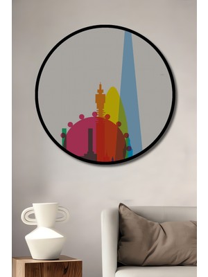 Teona Ahşap Çerçeve Görünümlü Londra Silüeti Ahşap Mdf Dekoratif Ev Duvar Tablo Yuvarlak Ev Duvar Tablo