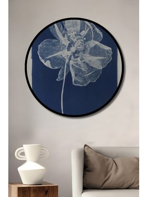 Teona Ahşap Çerçeve Görünümlü Mavi Çiçek Ahşap Mdf Dekoratif Işyeri Duvar Tablo Yuvarlak Işyeri Duvar Tablo