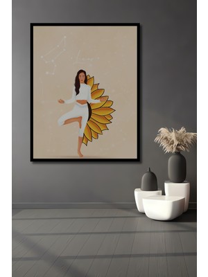 Teona Ahşap Çerçeve Görünümlü Güneş Çiçeği ile Yoga Yapan Kadın Dekoratif Ahşap Mdf Tablo Dikdörtgen Tablo
