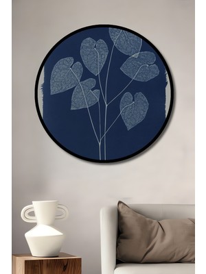 Teona Ahşap Çerçeve Görünümlü Mavi Yapraklar Dekoratif Ahşap Mdf Ev Duvar Tablo Yuvarlak Ev Duvar Tablo