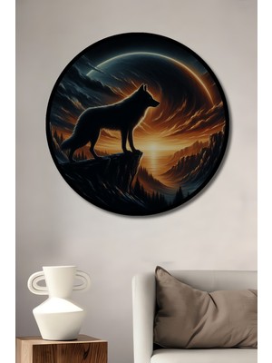 Teona Ahşap Çerçeve Görünümlü Kurt Gökyüzü Dekoratif Ahşap Mdf Işyeri Duvar Tablo Yuvarlak Işyeri Duvar Tablo