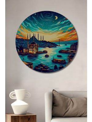 Teona Ahşap Istanbul Boğazı Renkli Gece Ahşap Mdf Dekoratif Işyeri Duvar Tablo Yuvarlak Işyeri Duvar Tablo