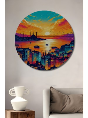 Teona Ahşap Istanbul Boğazı Gün Batımı Dekoratif Ahşap Mdf Ev/işyeri Duvar Tablo Yuvarlak Ev/işyeri Duvar Tablo