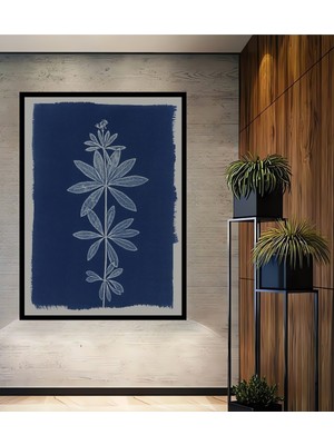 Teona Ahşap Çerçeve Görünümlü Mavi Botanik Ahşap Mdf Dekoratif Ev Duvar Tablo Dikdörtgen Ev Duvar Tablo