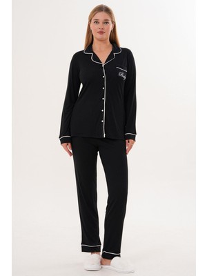 Mecit Pijama Mecit 6307 Siyah Boydan Düğmeli Kadın Pijama Takımı