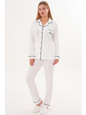 Mecit Pijama Mecit 6307 Ekru Boydan Düğmeli Kadın Pijama Takımı