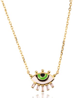 Masaliko Göz Gümüş Kolye 925 Ayar Zirkon ve Mine Taşlı Kadın Kolye MS3627