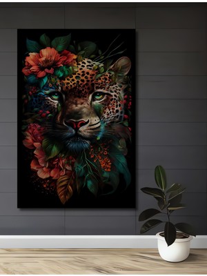 Teona Ahşap Çerçeve Görünümlü Leopar Çiçek Sanatı Dekoratif Ahşap Mdf Dikdörtgen Ev,iş Yeri Duvar Tablo