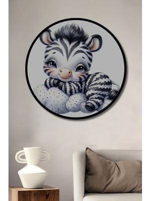 Teona Ahşap Çerçeve Görünümlü Sevimli Zebra Bulutlar Üzerinde Ahşap Mdf Dekoratif Tablo Yuvarlak Tablo