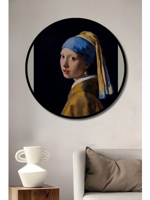 Teona Ahşap Çerçeve Görünümlü Inci Küpeli Kız Dekoratif Ahşap Mdf Ev Duvar Tablo Yuvarlak Ev Duvar Tablo