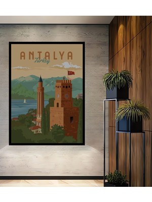 Teona Ahşap Çerçeve Görünümlü Antalya Manzara Dekoratif Ahşap Mdf Ev Duvar Tablo Dikdörtgen Ev Duvar Tablo