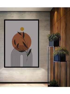 Teona Ahşap Çerçeve Görünümlü Soyut Güneş ve Bitki Motifli Dekoratif Ahşap Mdf Tablo Dikdörtgen Tablo