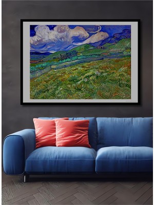 Teona Ahşap Çerçeve Görünümlü Van Gogh Tarlalar ve Dağlar Dekoratif Ahşap Mdf Tablo Dikdörtgen Tablo