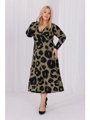 Madwilo Kadın Haki Yeşil Leopar Desen Kruvaze Yaka Büyük Beden Esnek Maxi Elbise