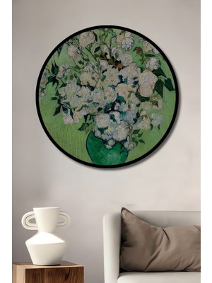 Teona Ahşap Çerçeve Görünümlü Van Gogh Beyaz Güller Dekoratif Ahşap Mdf Ev Duvar Tablo Yuvarlak Ev Duvar Tablo
