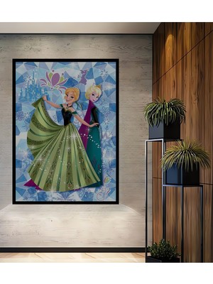 Teona Ahşap Çerçeve Görünümlü Frozen Prensesler Ahşap Mdf Dekoratif Ev Duvar Tablo Dikdörtgen Ev Duvar Tablo