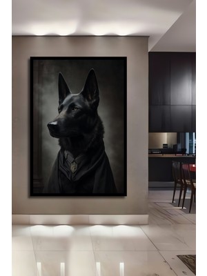 Teona Ahşap Çerçeve Görünümlü Siyah Alman Çoban Köpeği Portresi Dekoratif Ahşap Mdf Tablo Dikdörtgen Tablo